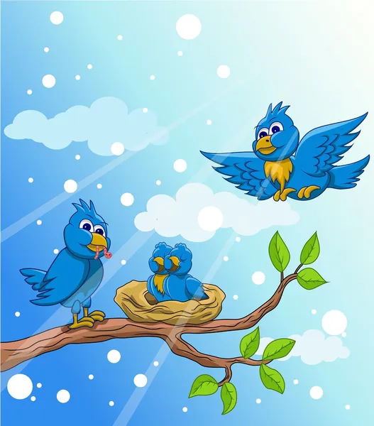 Blue bird family with snow background — Stock Vector