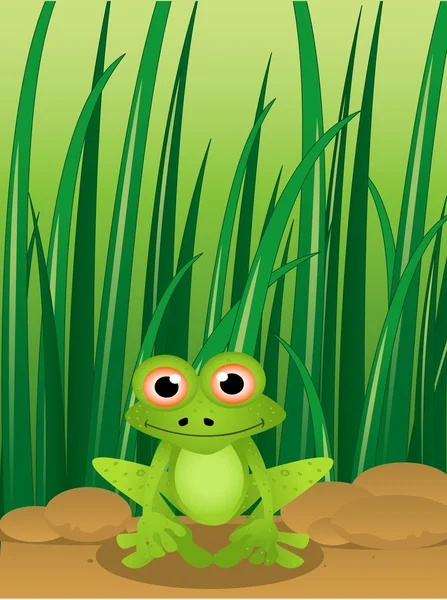 Ilustrasi kartun katak lucu dengan latar belakang rumput. - Stok Vektor