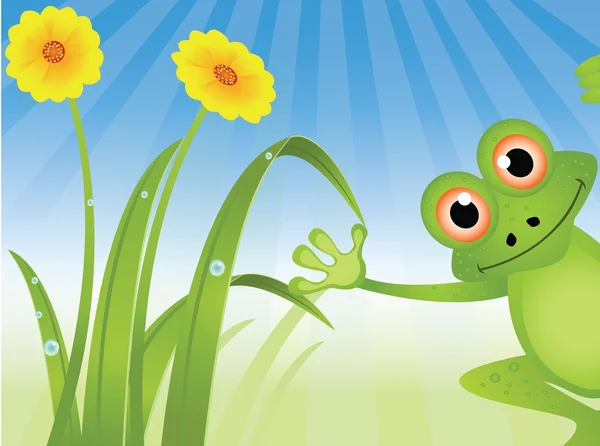 Ілюстрація милої мультяшної жаби з трав'яним тлом — стоковий вектор