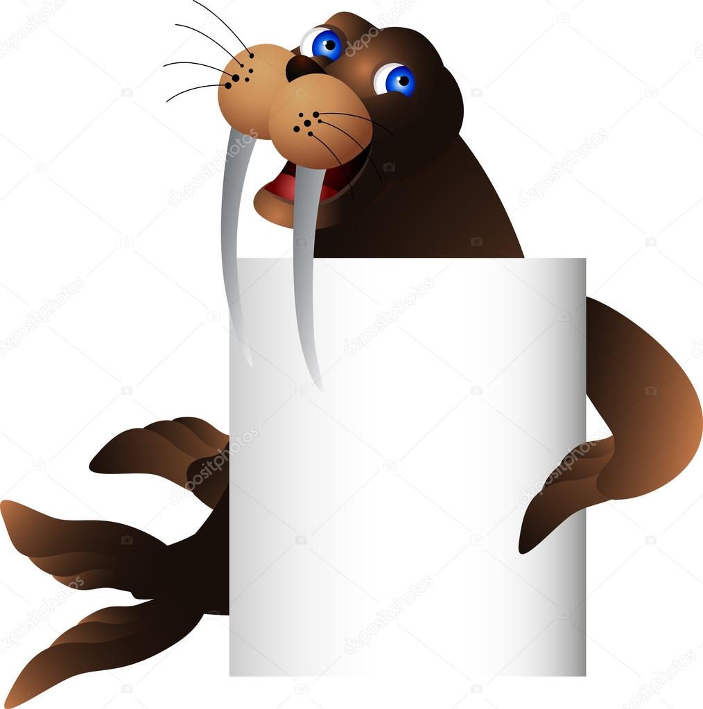 Cute walrus with blank sign