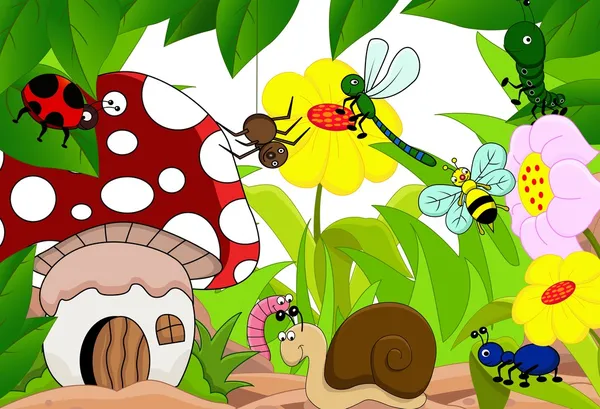 Dibujos animados de insectos y mashroom en el jardín — Vector de stock