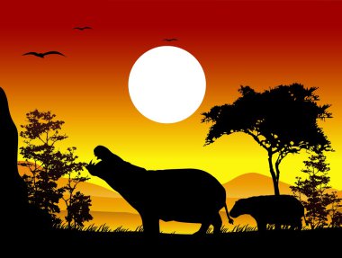 Güzellik hippo siluetleri ile manzara arka plan