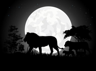Beautiful Lion family silhouettes with giant moon background