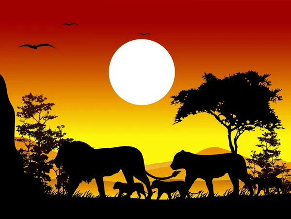 Beauté lion voyage familial silhouettes avec fond de paysage — Image vectorielle