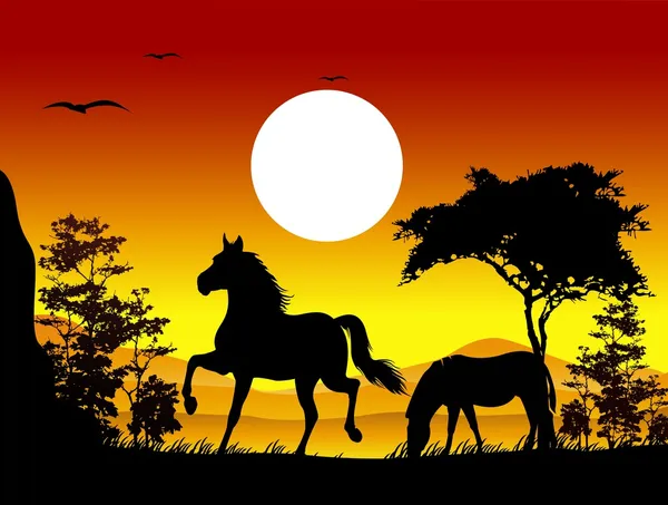 Siluetas de caballo de belleza con fondo de paisaje — Vector de stock