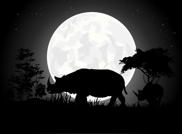 Beautiful Rhino silhouettes with giant moon background — Stock Vector