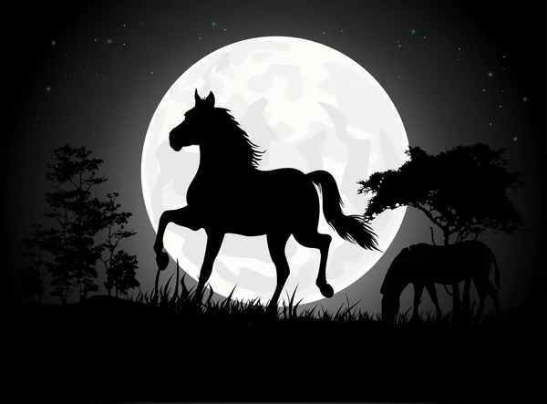 美丽的马轮廓与巨大的月亮背景 — 图库矢量图片