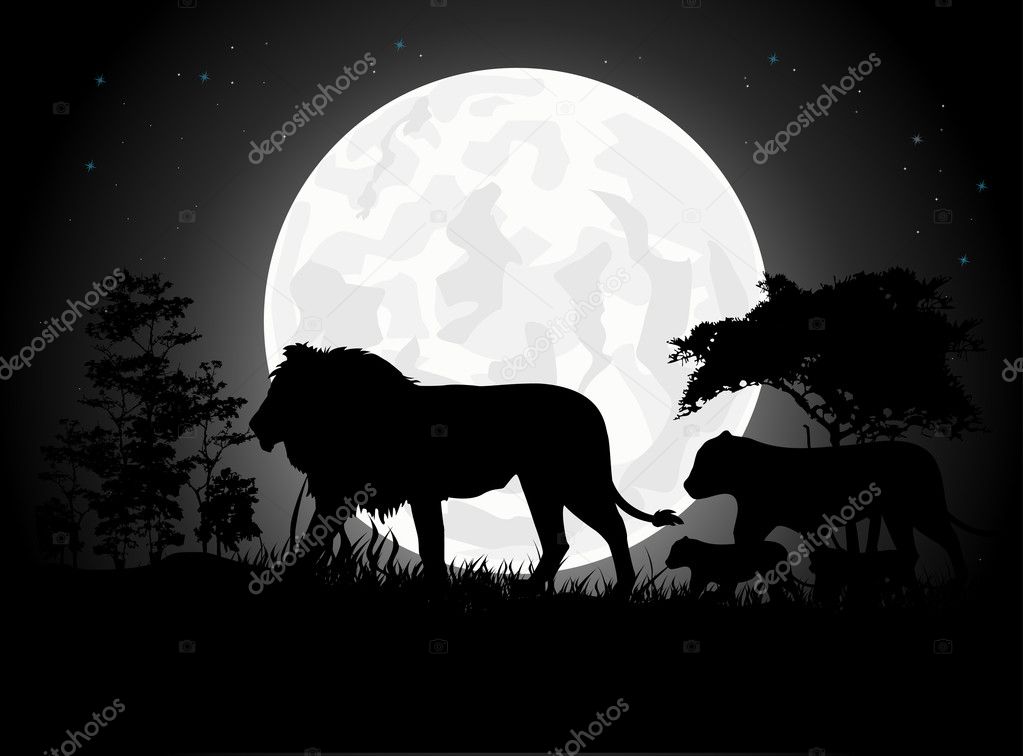 Beautiful Lion family silhouettes with giant moon background