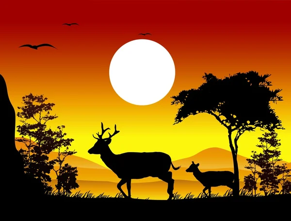 Sillhouette de cerf beauté avec fond de paysage — Image vectorielle