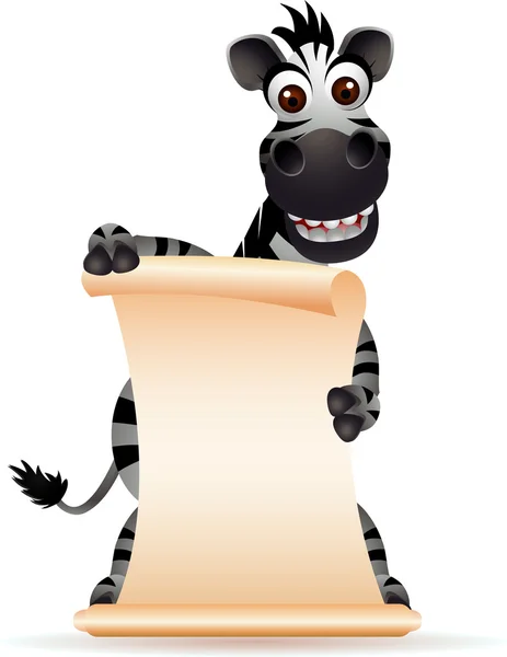 Desenho animado bonito zebra com sinal em branco — Vetor de Stock