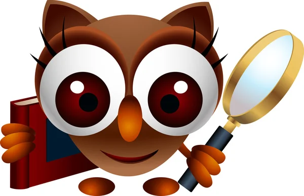 Cute owl with book and magnifying glass — Stock Vector