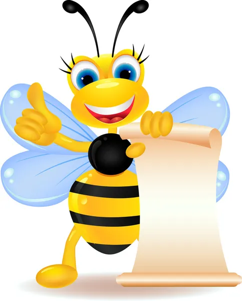 Happy bee cartoon with blank sign — Stock Vector