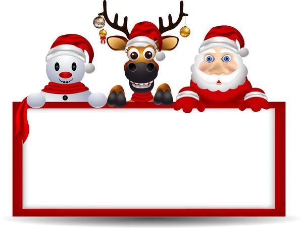 Père Noël, cerfs et bonhomme de neige avec panneau vierge — Image vectorielle