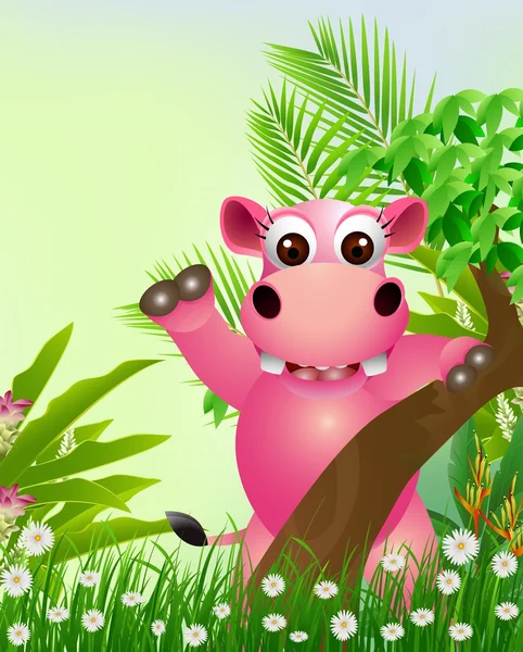 Schattig hippo cartoon lachend met tropisch woud achtergrond — Stockvector