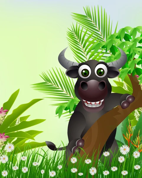 Lindo búfalo de dibujos animados sonriendo con fondo de bosque tropical — Vector de stock