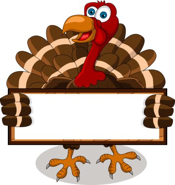 Happy turkey cartoon with blank board clipart