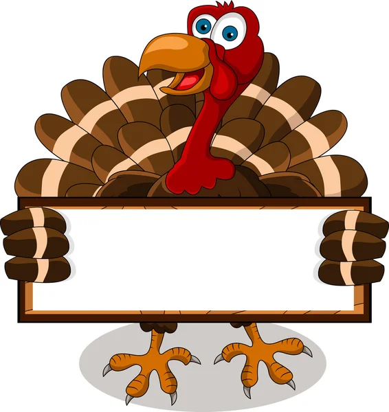 Happy turkey cartoon with blank board — Stock Vector