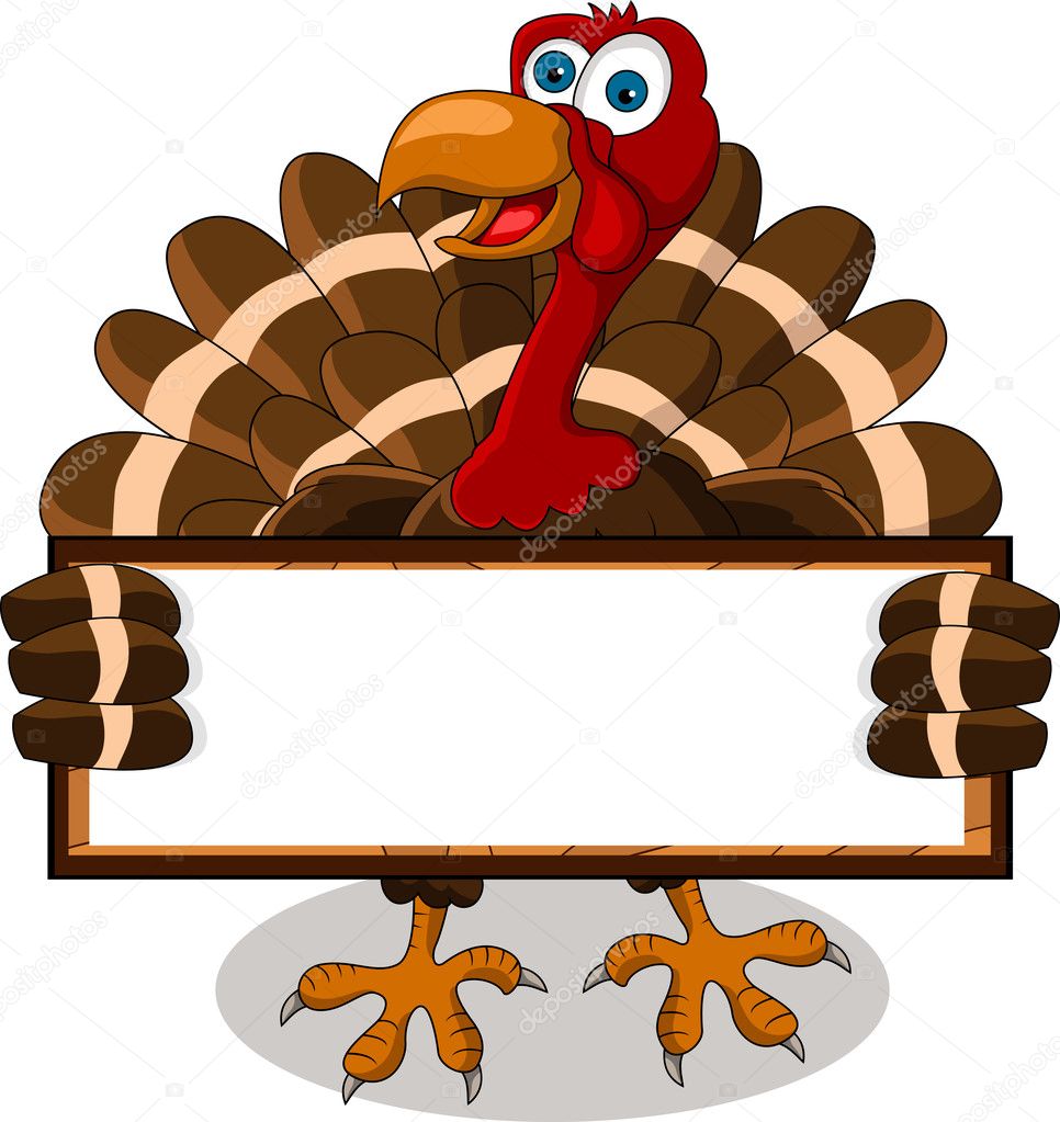 Happy turkey cartoon with blank board