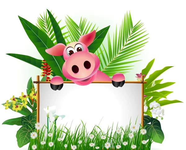 Funny pig with blank sign — Stock Vector