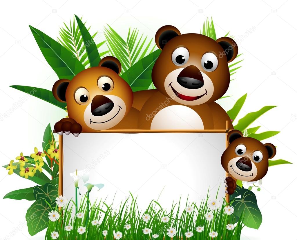Funny brown bear family with blank sign