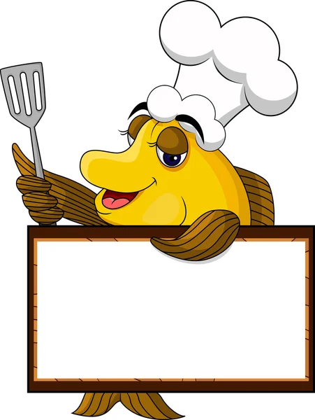 Funny yellow cartoon cook fish with blank sign — Stock Vector