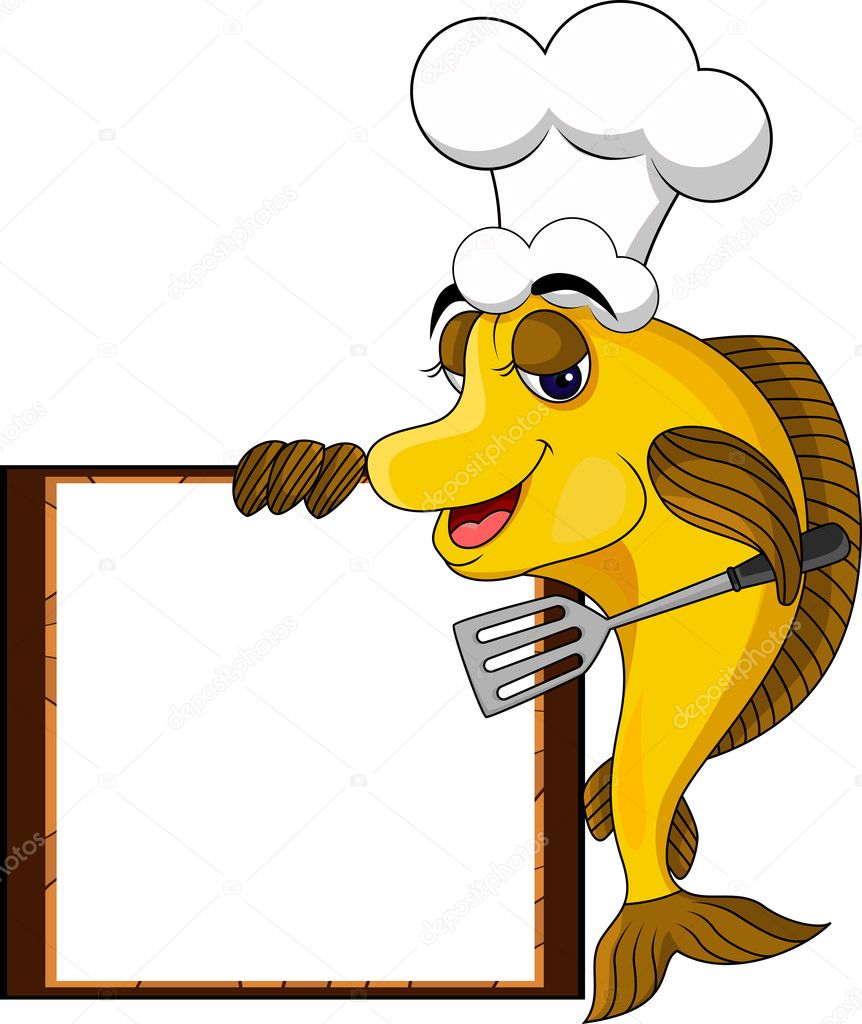 Funny yellow cartoon cook fish with blank sign