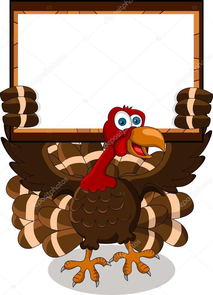 Happy turkey cartoon with blank board