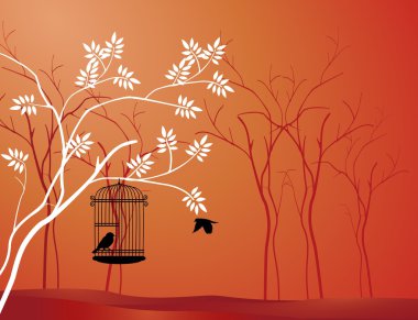 illustratie vliegende vogel met een liefde voor de vogel in de kooi