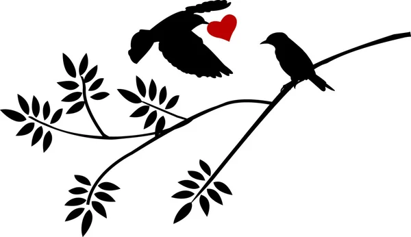 Sílhueta de pássaro voador com um amor por pássaros em um ramo — Vetor de Stock