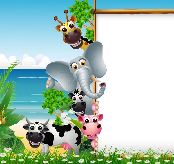 Wilder afrikanischer Animal Cartoon mit leerem Schild und Strandhintergrund — Stockvektor