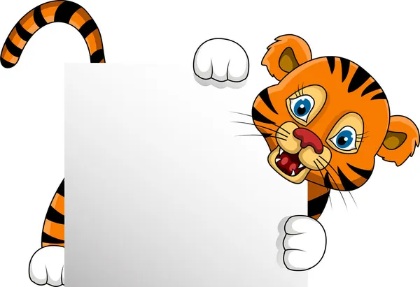 Netter junger Tiger-Cartoon mit leerem Schild — Stockvektor