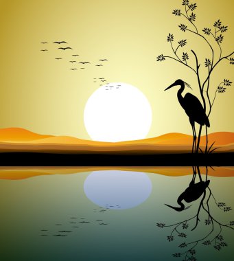 Göl kenarında Heron siluet