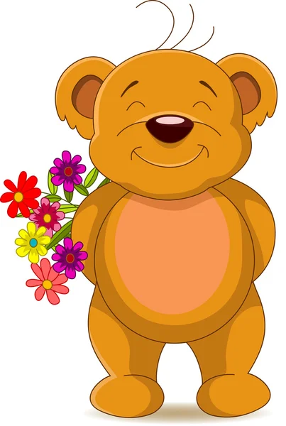 Mignon ours brun avec des fleurs — Image vectorielle