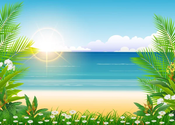 美容日当たりの良い青い空とヤシの木とビーチ背景 — ストックベクタ