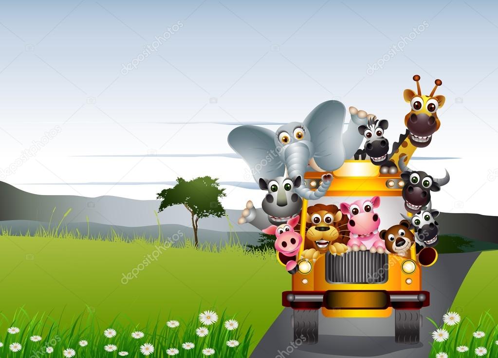 funny animal on yellow car with landscape background