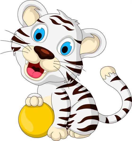 Aranyos baba fehér tigris, sárga labdát pózol — Stock Vector