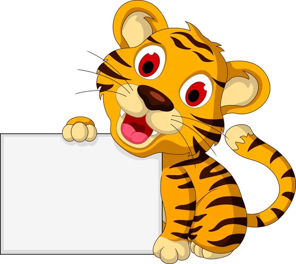 Lindo tigre bebé con signo en blanco — Vector de stock