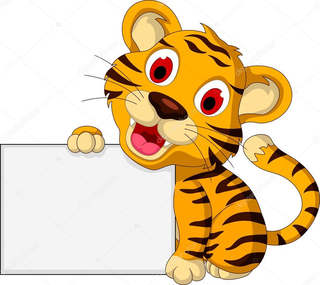 Cute baby tiger with blank sign