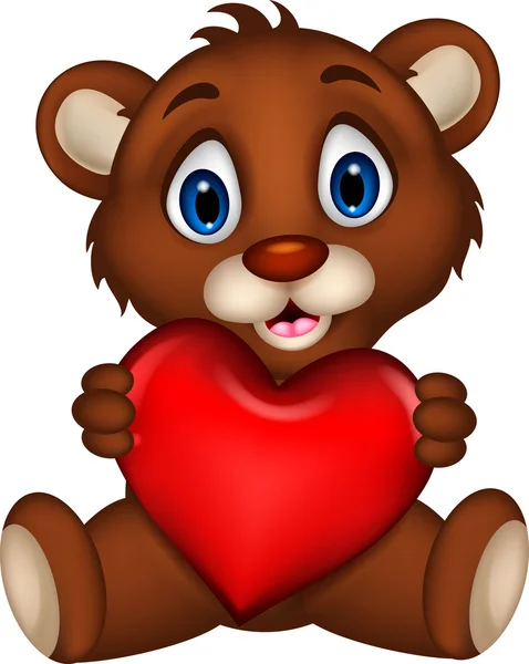 Cute baby brown bear cartoon posing with heart love — Stock Vector