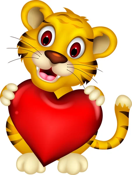 Cute liitle baby tiger posing with heart love — Stock Vector