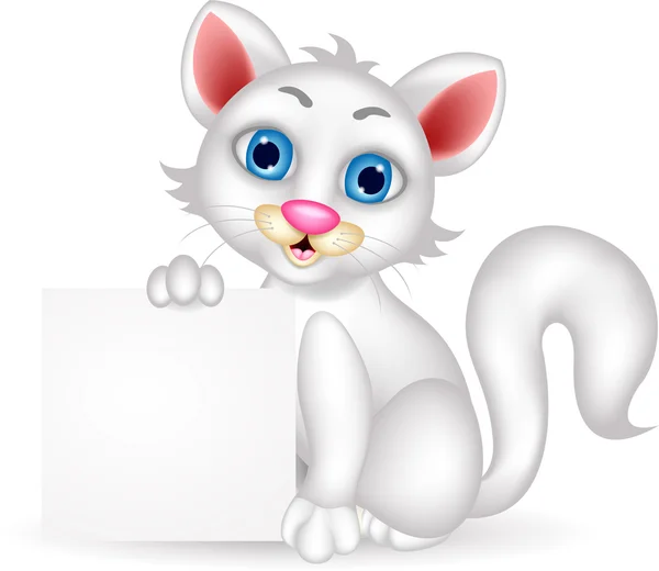 Linda caricatura de gato blanco esponjoso con signo en blanco — Archivo Imágenes Vectoriales