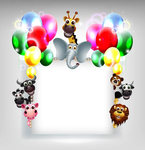 Fondo de cumpleaños con safari en globo y animal en señal en blanco — Vector de stock