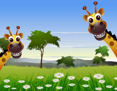 şirin çift zürafa karikatür manzara arka plan