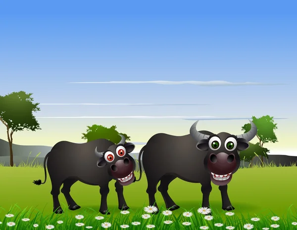 Buffalo cartone animato con sfondo naturale — Vettoriale Stock