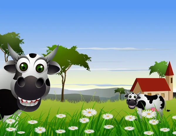 Linda vaca de dibujos animados con fondo de paisaje — Vector de stock