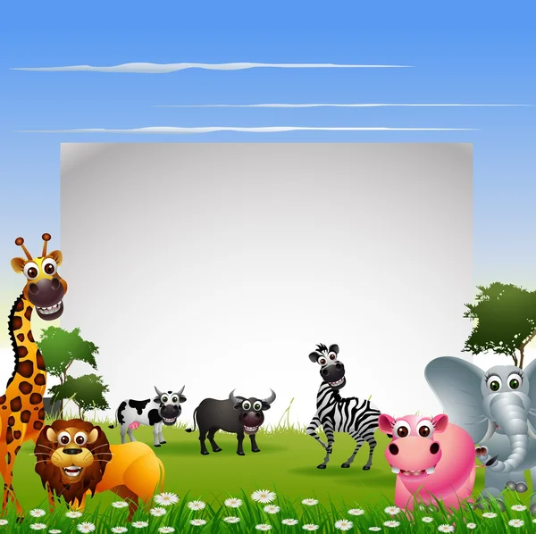 Animale collezione di cartoni animati con segno bianco e sfondo foresta tropicale — Vettoriale Stock