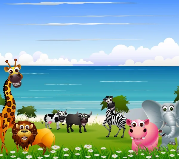 Divertida colección de dibujos animados de animales con fondo de playa — Vector de stock