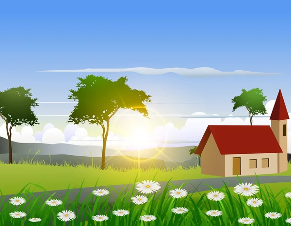 Fondo de la naturaleza con casa — Vector de stock