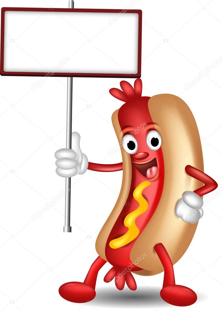 Hot dog cartoon holding blank sign