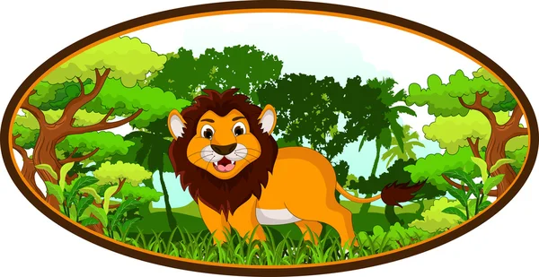 Caricature de lion avec fond de forêt — Image vectorielle